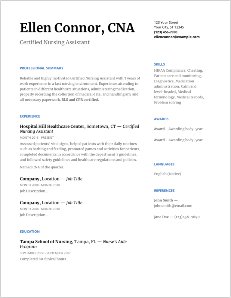 Resume Writing For CNAs Skills Qualifications And Experience